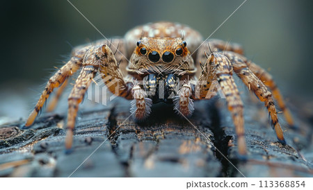 A jumping spider waits for prey. Macro portrait of a beautiful spider 113368854