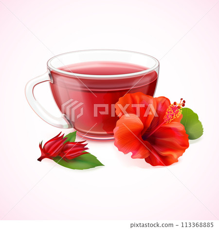 Realistic hibiscus tea. Roselle red flower hot drink cup, healthy flavor breakfast transparent glass mug with rose flowers bract heat cup pot Realistic hibiscus tea. Roselle red flower hot drink cup, healthy flavor breakfast transparent glass mug with rose flowers bract heat cup pot 113368885