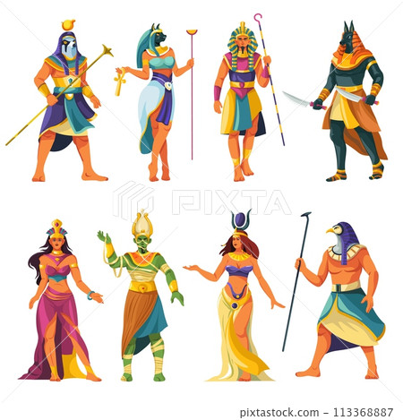 Cartoon egyptian gods. Egypt religion god and goddess of nile historical figures, ancient pharaoh statue anubis osiris isis horus ra hathor 113368887