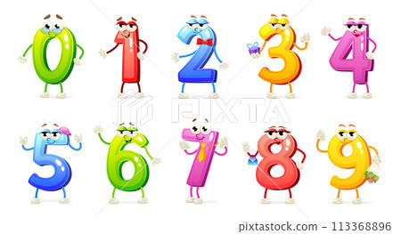 Cartoon numbers mascot. Funny number characters eyes smile faces, school kids math happy cute numeral zero one two three four five six seven eight nine neoteric vector illustration 113368896