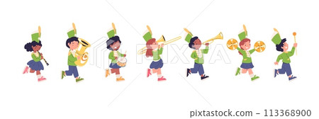 Kid band parade. Children musicians marching with trombone trumpet loud horn or drum, young military march cute cartoon child player music entertainment, classy vector illustration 113368900