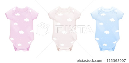 Realistic bodysuit. Baby onesies mockup, newborn romper infant bodysuits cotton pantie for sleep, white pink blue toddler underwear isolated Realistic bodysuit. Baby onesies mockup, newborn romper infant bodysuits cotton pantie for sleep, white pink blue toddler underwear isolated 113368907
