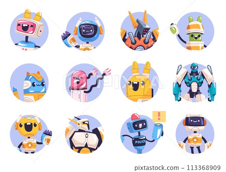 Robot avatars. Space robots portrait social media avatars, robotic head face game bot funny cartoon character future technology monster toys cute chatbot mascot vector illustration 113368909
