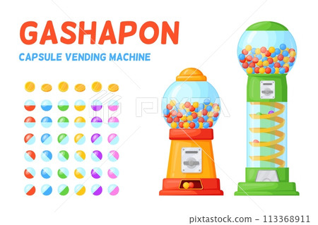 Gachapon capsule machines with bubblegum toy plastic container, vending machine dispense chewing bubble gum caramel ball rare candy sweets lucky coin vector illustration 113368911