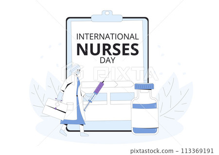 International nurses day text card. Holiday banner. Injection and vaccination. Female character and medical symbols flat illustration. International nurses day text card. Holiday banner. Injection and vaccination. Female character and medical symbols flat illustration. 113369191