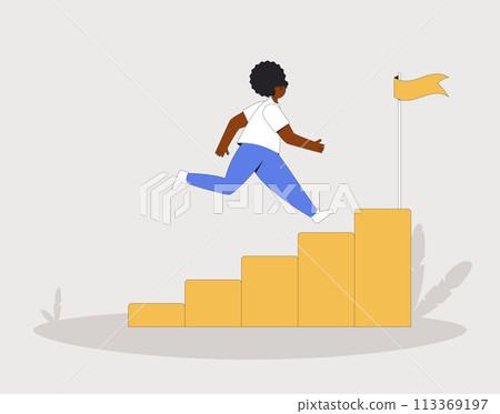 Business career ladder. Young woman climbing up stairs to reach goal. Motivation for work and learning achievement. Vector line art illustration 113369197