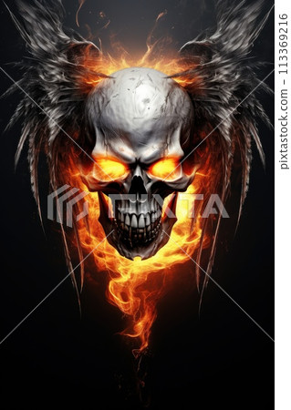 Skull burning eyes, skull head portrait with flames, fiery skull art, flaming skull design, inferno skull illustration, hell, monster, bones, generative AI, JPG 113369216