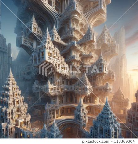 Extraterrestrial lifeforms, buildings, color illustrations, otherworldly space 113369304