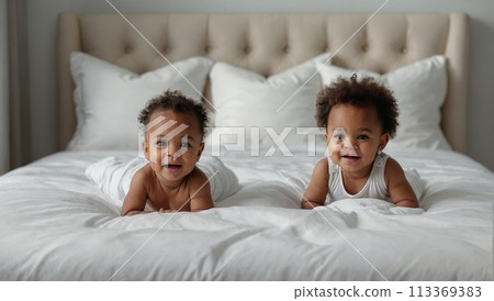 2 two Adorable baby boy in white sunny bedroom. Newborn child relaxing in bed. Nursery for young children. Textile and bedding for kids. Family morning at home. New born kid during tummy time with toy 113369383