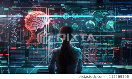Artificial intelligence. Exploring AI's depth: A scientist amidst screens of code and neural networks analyzes AI 113369396