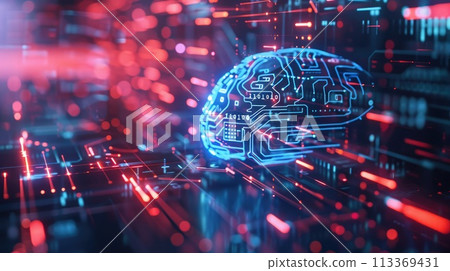 Artificial intelligence. Concept of AI and machine learning shown by a digital brain of circuits Artificial intelligence. Concept of AI and machine learning shown by a digital brain of circuits 113369431