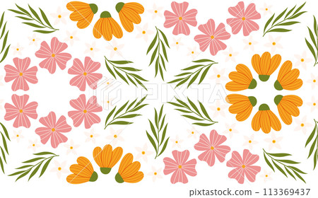 Seamless pattern with floral elements. Botanical inspired repeated design with white, orange and pink flowers, branch with leaves Seamless pattern with floral elements. Botanical inspired repeated design with white, orange and pink flowers, branch with leaves 113369437