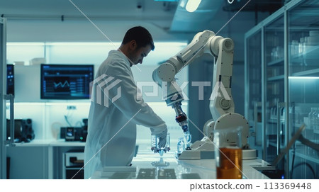 Artificial intelligence. Advanced robotic arm being programmed by an engineer, showing AI in production Artificial intelligence. Advanced robotic arm being programmed by an engineer, showing AI in production 113369448