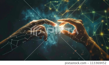 Artificial intelligence. A conceptual depiction of AI and human hands reaching out for a connection Artificial intelligence. A conceptual depiction of AI and human hands reaching out for a connection 113369452