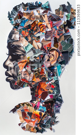A woman's face is cut out of a collage of flowers. The collage is made up of various pieces of paper, including some with flowers and some with other images 113369633