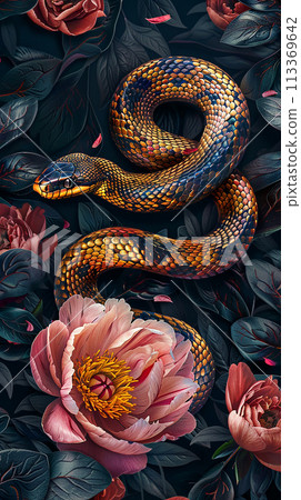 A snake is wrapped around a flower, with the flower being pink. The snake is surrounded by leaves and flowers, giving the impression of a natural scene 113369642