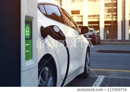 Power cable supply plugged in white electric vehicle car at EV charging station 113369716