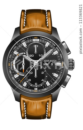 Realistic watch clock black metallic orange arrow white number with leather strap on isolated design classic luxury fashion for men vector Realistic watch clock black metallic orange arrow white number with leather strap on isolated design classic luxury fashion for men vector 113369821