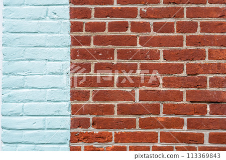 Vintage red and light blue brick wall background 113369843