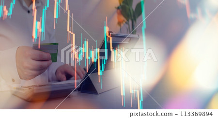Financial trading graphs on monitor. Background with currency bars and candles 113369894