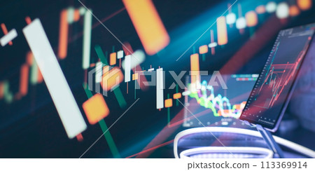Financial trading graphs on monitor. Background with currency bars and candles 113369914