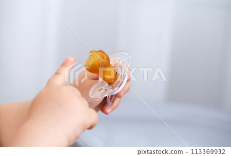 A torn and chewed silicone nipple in the hands of a baby. The concept of problems with bite in children due to the pacifier. Teething, pediatrics. Copy space for text A torn and chewed silicone nipple in the hands of a baby. The concept of problems with bite in children due to the pacifier. Teething, pediatrics. Copy space for text 113369932