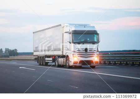 A beautiful modern semi-trailer truck drives along the highway in the morning with fog lights on during fog. Insufficient visibility, copy space for text 113369972