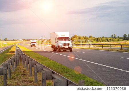 A low-tonnage commercial refrigerated van transports perishable products in the summer on a country road against the backdrop of sunset. Industry, business 113370086
