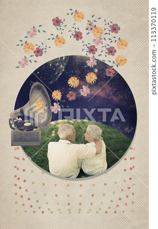 Contemporary art collage, modern design with senior couple. Party time. 113370119