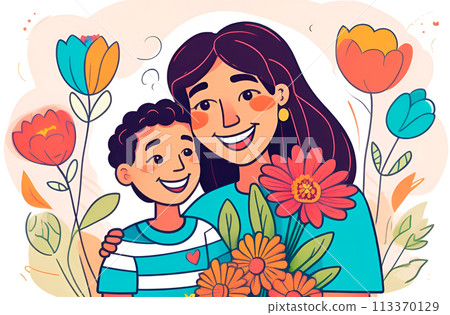 Son gives mom flowers. Mother's Day 113370129