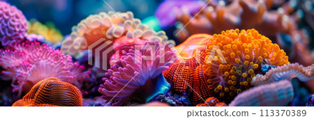 Macro shot of a colorful coral reef, capturing the vibrant hues and intricate structures of the underwater ecosystem. Generative AI 113370389
