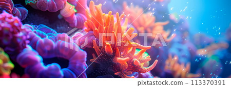 Macro shot of a colorful coral reef, capturing the vibrant hues and intricate structures of the underwater ecosystem. Generative AI Macro shot of a colorful coral reef, capturing the vibrant hues and intricate structures of the underwater ecosystem. Generative AI 113370391