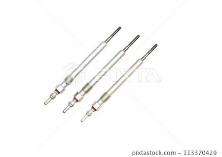 Rod ceramic glow plugs for a diesel engine on a white background, close-up, isolate. Heating element Rod ceramic glow plugs for a diesel engine on a white background, close-up, isolate. Heating element 113370429