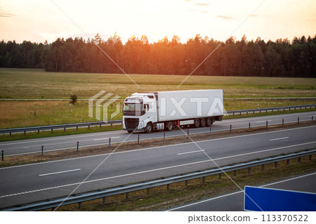 A modern truck with a refrigerator semi-trailer with refrigeration equipment transports flower products while maintaining the temperature regime against the backdrop of sunset and forest. Copy space A modern truck with a refrigerator semi-trailer with refrigeration equipment transports flower products while maintaining the temperature regime against the backdrop of sunset and forest. Copy space 113370522