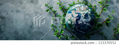 Round earth on a gray background Earth Day in greenery. Concept. Generative AI 113370552