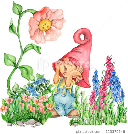 Composition of watercolor hand drawn cute Nordic Scandinavian gnomes and flowers and leaves watercolor illustration. Design for baby shower party, birthday, cake, holiday celebration, greetings cards. 113370646