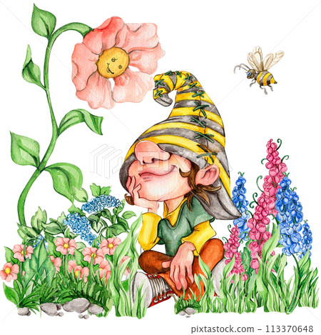 Composition of watercolor hand drawn cute Nordic Scandinavian gnomes and flowers and leaves watercolor illustration. Design for baby shower party, birthday, cake, holiday celebration, greetings cards. Composition of watercolor hand drawn cute Nordic Scandinavian gnomes and flowers and leaves watercolor illustration. Design for baby shower party, birthday, cake, holiday celebration, greetings cards. 113370648