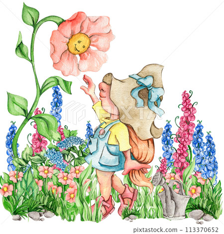 Composition of watercolor hand drawn cute Nordic Scandinavian gnomes and flowers and leaves watercolor illustration. Design for baby shower party, birthday, cake, holiday celebration, greetings cards. 113370652