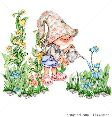 Composition of watercolor hand drawn cute Nordic Scandinavian gnomes and flowers and leaves watercolor illustration. Design for baby shower party, birthday, cake, holiday celebration, greetings cards. 113370656