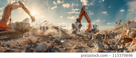 heavy machinery in action, highlighting the raw power and force used to dismantle the structure. 113370696