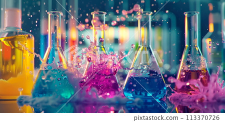chemical reactions taking place in a laboratory setting, with colorful liquids bubbling and fizzing in glassware. 113370726