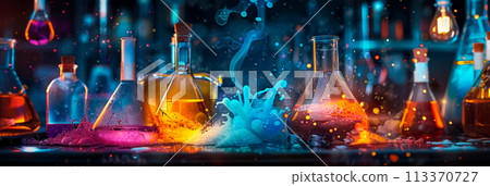 chemical reactions taking place in a laboratory setting, with colorful liquids bubbling and fizzing in glassware. chemical reactions taking place in a laboratory setting, with colorful liquids bubbling and fizzing in glassware. 113370727