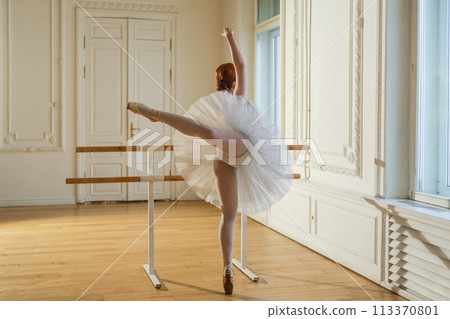 Young ballerina in tutu skirt stretching practicing ballet positions dancing near ballet barre in dance class. Young classical dancer woman in dance studio. Ballet class training Ballet school concept Young ballerina in tutu skirt stretching practicing ballet positions dancing near ballet barre in dance class. Young classical dancer woman in dance studio. Ballet class training Ballet school concept 113370801