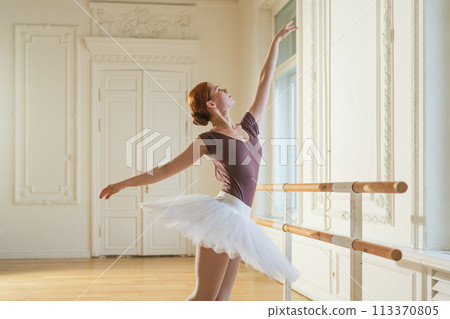 Young ballerina in tutu skirt stretching practicing ballet positions dancing near ballet barre in dance class. Young classical dancer woman in dance studio. Ballet class training Ballet school concept 113370805