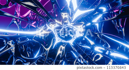 Glowing neon lights of objects moving towards endless tunnel Glowing neon lights of objects moving towards endless tunnel 113370843