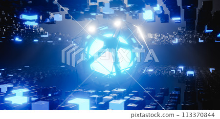Glowing neon sphere in wireframe hexagon in space. Sci-Fi 3d render background Glowing neon sphere in wireframe hexagon in space. Sci-Fi 3d render background 113370844