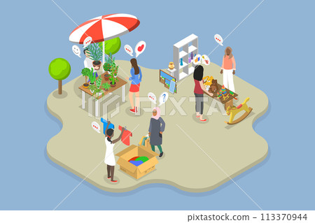 3D Isometric Flat Vector Illustration of Flea Market, Garage Sale in a Park 113370944