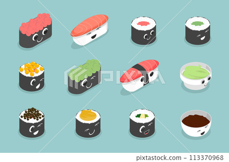 3D Isometric Flat Vector Set of Various Sushi, Rolls and Nigiri Funny Characters, Japanese Traditional Cuisine 3D Isometric Flat Vector Set of Various Sushi, Rolls and Nigiri Funny Characters, Japanese Traditional Cuisine 113370968