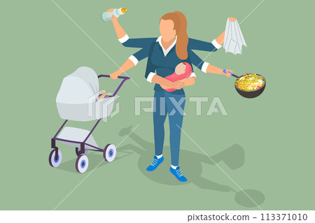 3D Isometric Flat Vector Illustration of Multitasking Mother, Busy Mom with a Bunch of Tasks 113371010