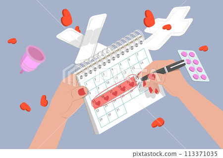 3D Isometric Flat Vector Illustration of Menstrual Period , PMS Symptoms and Premenstrual Syndrome Treatment 113371035
